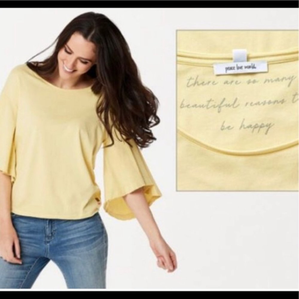 PEACE LOVE WORLD SLIGHTLY DISTRESSED YELLOW BUTTERFLY SLEEVES TOP. NWOT